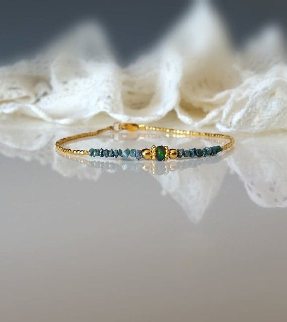 Raw Blue Diamond Black Welo Opal and Gold Vermeil Beads Bracelet, Raw Uncut Precious Diamond Bracelet, Delicate Bracelet, 2.5- 3 mm Code- WAR6674