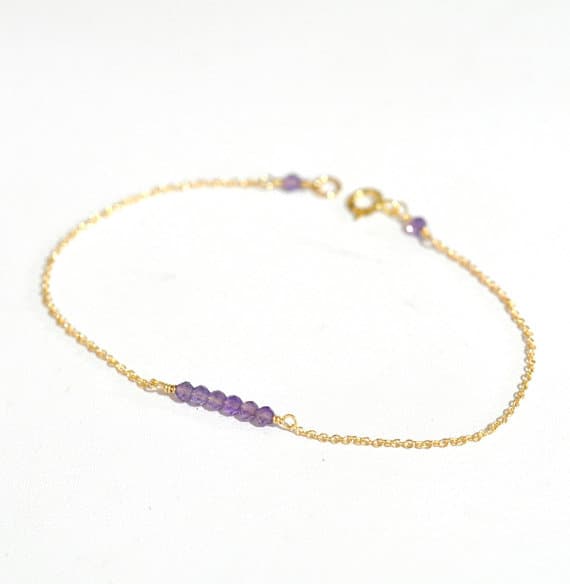 24k gold Plated Anniversary Gift 2mm stacking Purple Amethyst Bracelet Round, Faceted 7" for mens, womens, gf, bf & Adult.