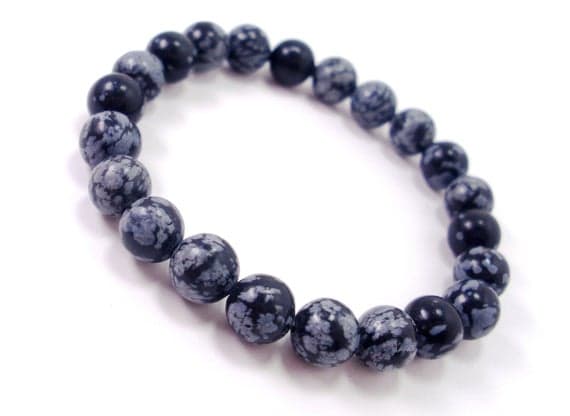 Anxiety Relief Calming 8mm Stretchable Multi Snowflake Obsidian Bracelet Round, Smooth 7" for mens, womens.