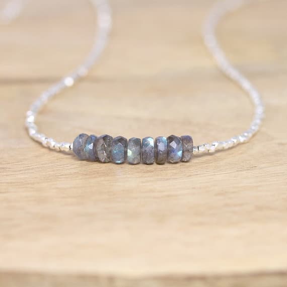 925 sterling Silver Natural Silver Helling 5.5mm stacking Gray Labrazdorite Necklace Rondelle, Faceted 16" for mens, womens, gf, bf & Adult.
