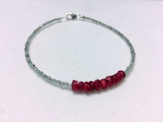 925 sterling Silver Empath Protection 3-6mm stacking Red & Gray Ruby Labradorite Bracelet Rondelle, Faceted 7" for mens, womens, gf, bf & Adult.