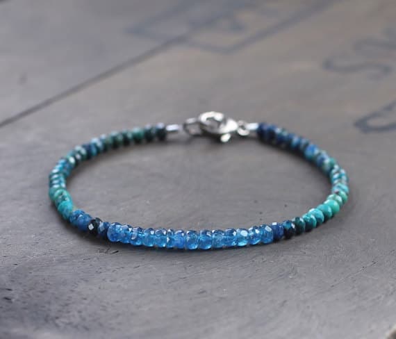 925 sterling silver Personalized Gift 3-3.5mm Multi Colour Neon Blue Apatite & Chrysocolla  stacking Bracelet Rondelle, faceted 18cm for mens, womens, gf, bf and adults.