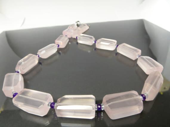 925 sterling Silver chakras simple  26x15-25x15mm  stacking Pink rose quartz & aquamarine Necklace Rectangle, Faceted 17" for mens, womens.