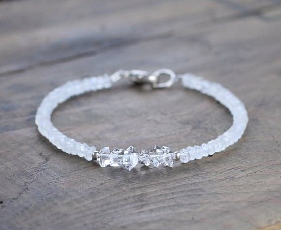 925 sterling silver Anxiety Relief Calming 3.5-4.5mm White Herkimer Diamond & Moonstone stacking Bracelet Rondelle, Faceted 18cm for mens, womens, gf, bf and adults.