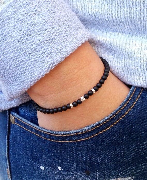 925 sterling silver Wholesale 4mm Black BLACK onyx Mat  Stretchable Bracelet Round, Smooth 18cm for mens, womens, gf, bf and adults.