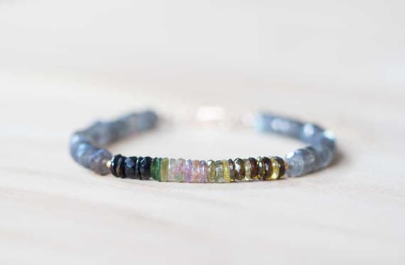 24k gold Positive Energy 5-6mm Multi Colour Labradorite & Tourmaline  stacking Bracelet Rondelle , Faceted 18cm for mens, womens, gf, bf and adults.