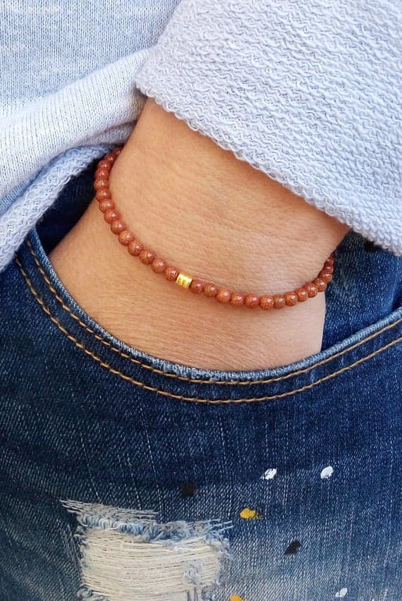 Rose Gold Positive Energy 4mm Orange Sunstone Stretchable Bracelet Round, Smooth 18cm for mens, womens, gf, bf and adults.