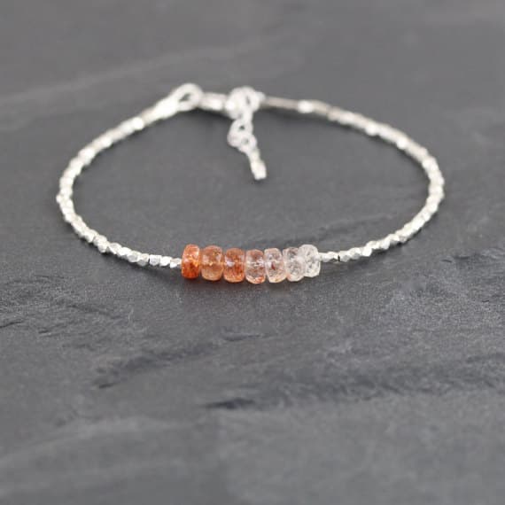 925 sterling Silver Anniversary Gift 5mm stacking Orange Sunstone Bracelet Rondelle, Faceted 7" for mens, womens, gf, bf & Adult.
