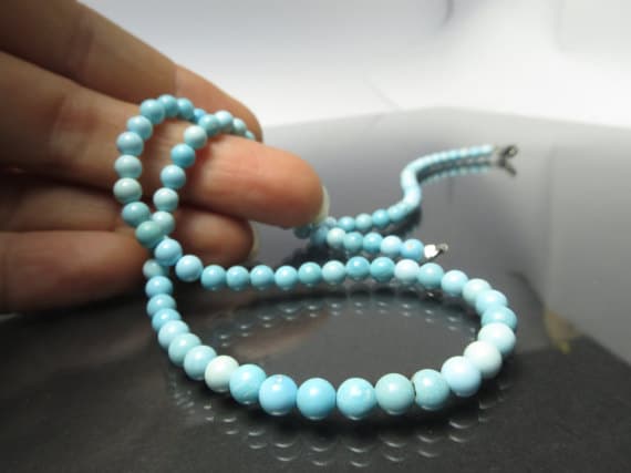 925 sterling Silver Blush Jewelry 4mm stacking Sky Blue Genuine Arizona Turquoise Necklace Round, Smooth 17" for mens, womens.