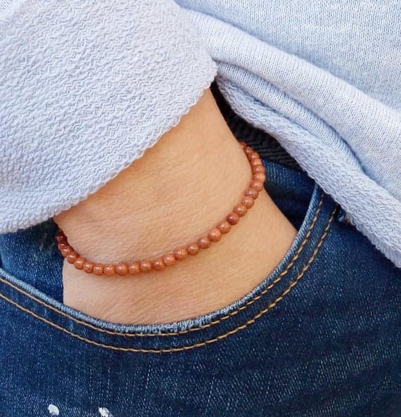 Anxiety Relief Calming 4mm Orange Sunstone Stretchable Bracelet Round, Smooth 18cm for mens, womens, gf, bf and adults.