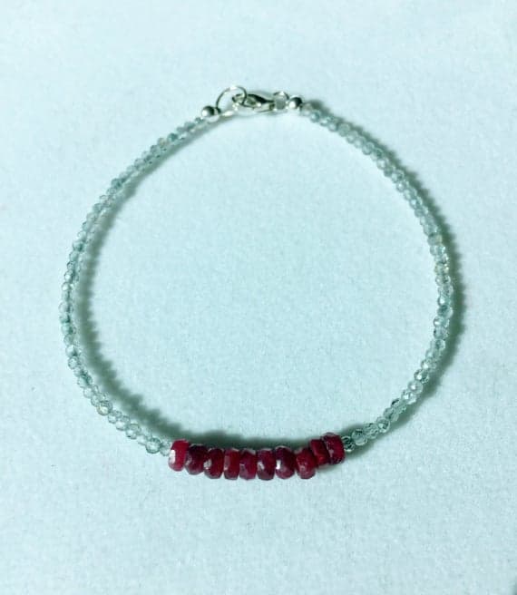 925 sterling Silver Positive Energy 3-6mm stacking Red & Green Ruby and Mystic Green Quartz Bracelet Rondelle, Faceted 7" for mens, womens, gf, bf & Adult.