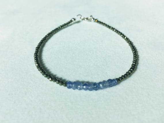 925 sterling Silver Grounding 3-5mm stacking black & Blue Tanzanite and Pyrite  Bracelet Rondelle, Faceted 7" for mens, womens, gf, bf & Adult.