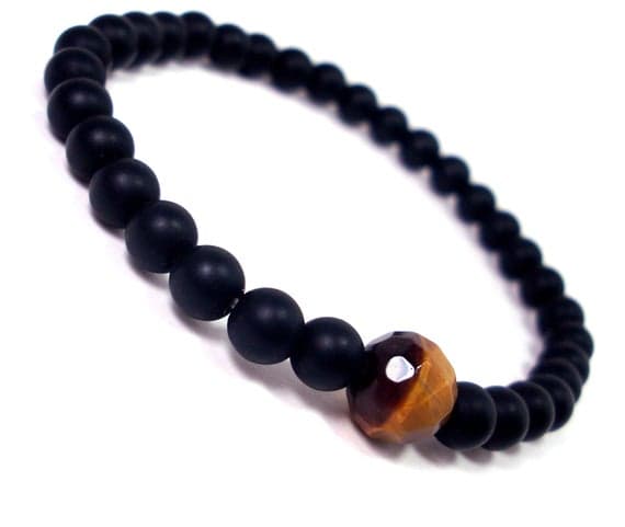 Unique Wedding Gift 6-10mm Stretchable Multi Black matte Onyx and Tiger Eye Bracelet Round, Smooth 7.5" for mens, womens.