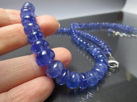 925 sterling Silver Empath Protection 6-8mm stacking Blue Tanzanite Necklace Rondelle, Smooth 17" for mens, womens.