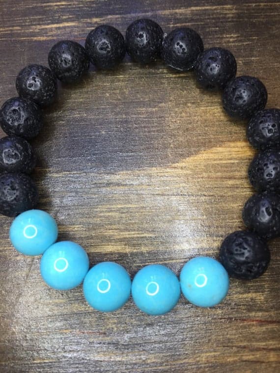 Handmade Beaded 8mm Stretchable black & Blue Lava Rock and Howlite Bracelet Round, Smooth 7" for mens, womens, gf, bf & Adult.