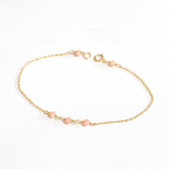 24k gold Plated good luck gift 3mm stacking Pink Tiny Pink Opal  Bracelet Round, Faceted 7" for mens, womens, gf, bf & Adult.