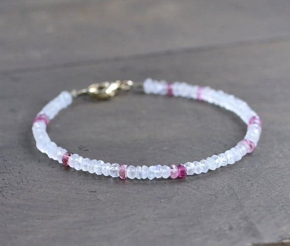 925 sterling silver good luck gift 3mm Multi Colour Pink Tourmaline & Moonstone stacking Bracelet Rondelle, Faceted 18cm for mens, womens, gf, bf and adults.