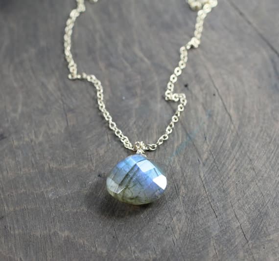 925 sterling silver Artisan Loose 14mm Gray Labradorite stacking Necklace Pear, Faceted 17 Inch for mens, womens, gf, bf and adults.