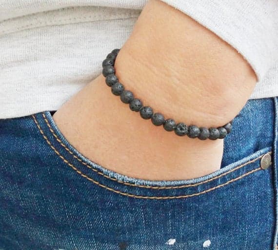 memorial gift 6mm Black Black Lava Stretchable Bracelet Round, Smooth 18cm for mens, womens, gf, bf and adults.