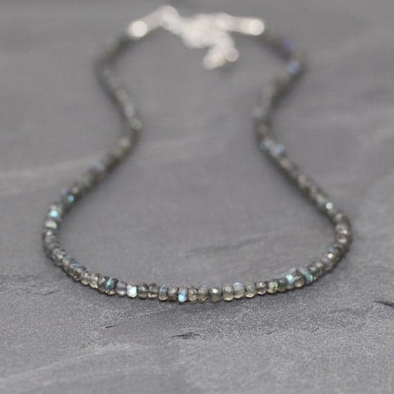 925 sterling Silver chakras simple 3.5mm stacking Gray Labradorite Necklace Rondelle, Faceted 16" for mens, womens, gf, bf & Adult.