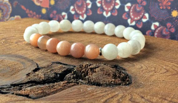 Anniversary Gift 8mm Stretchable Peach & White White & Peach Moonstone  Bracelet Round, Smooth 7" for mens, womens, gf, bf & Adult.