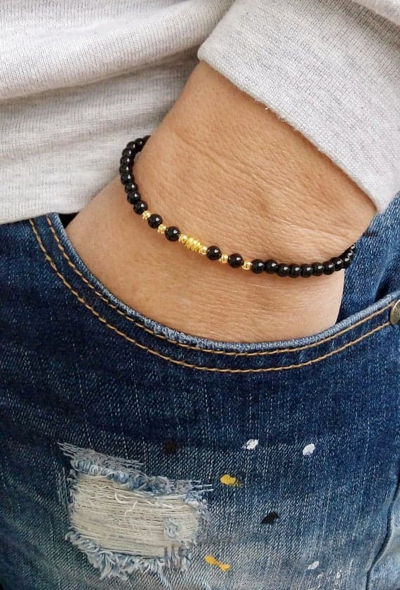 24k gold Jewelry Energy 4mm Black BLACK onyx  Stretchable Bracelet Round, Smooth 18cm for mens, womens, gf, bf and adults.