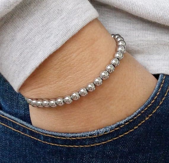 Artisan Loose 6mm Silver Hematite Stretchable Bracelet Round, Smooth 18cm for mens, womens, gf, bf and adults.