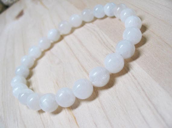 Anxiety Relief Calming 8mm Stretchable white Rainbow Moonstone Bracelet Round, Smooth 7" for mens, womens, GF, BF, Adults.
