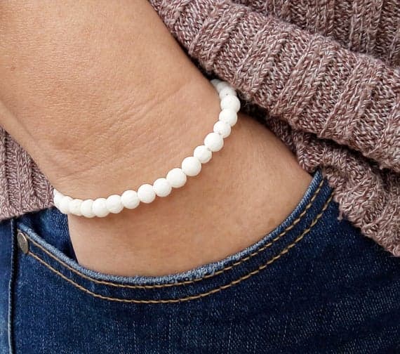 Jewelry Energy 6mm White White Lava Stretchable Bracelet Round, Faceted 18cm for mens, womens, gf, bf and adults.