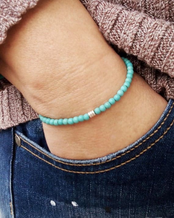 Positive Energy 4mm Sky Blue Turquoise Stretchable Bracelet Rondelle, Smooth 18cm for mens, womens, gf, bf and adults.