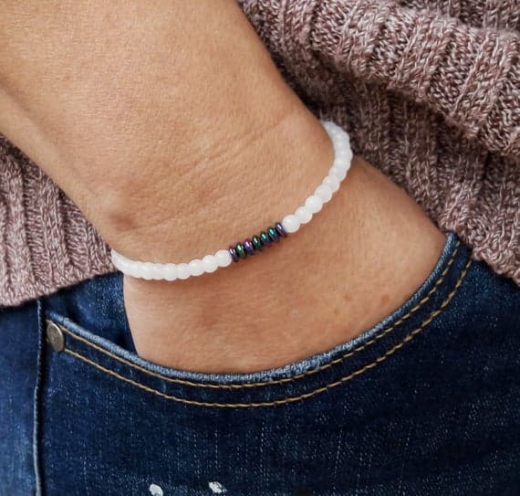 Anxiety Relief Calming 4mm Multi Colour MILK QUARTZ & Hematite Rainbow  Stretchable Bracelet Round, Smooth 18cm for mens, womens, gf, bf and adults.