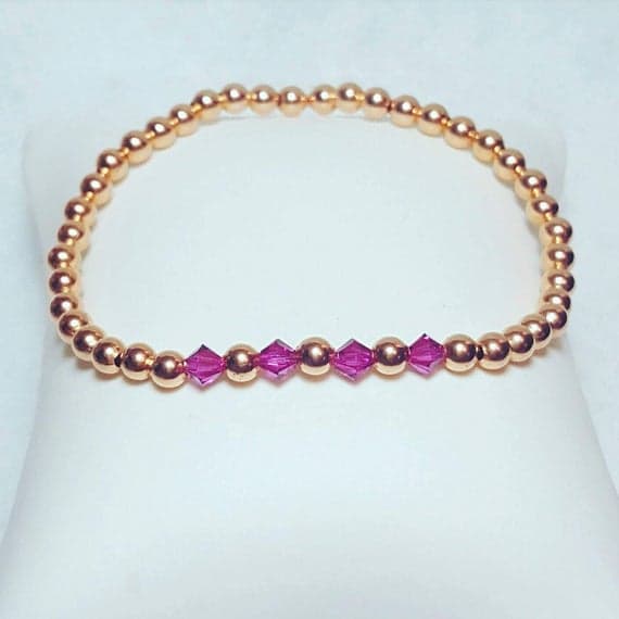 Wholesale 4-5mm Stretchable Pink & Golden Copper and Swarovski Bracelet Round, Smooth 7" for mens, womens, gf, bf & Adult.