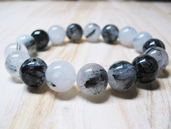 Bridesmaid Jewelry 10mm Stretchable black & white Tourmaline Quartz Bracelet Round, Smooth 7.5" for mens, womens, GF, BF, Adults.