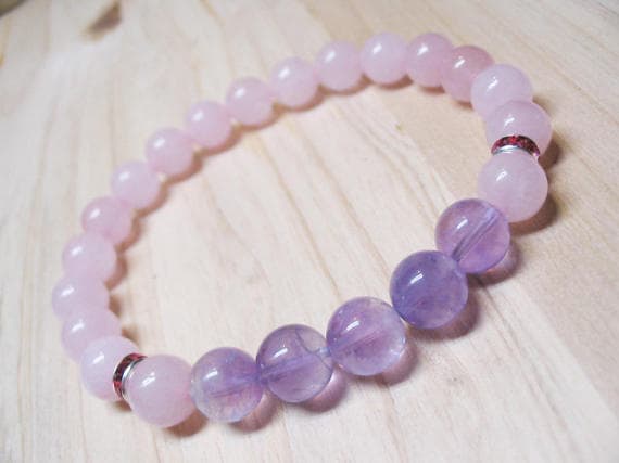 Positive Energy 8mm Stretchable Purple & pink Rose Quartz & Amethyst Bracelet Round, Smooth 7" for mens, womens, GF, BF, Adults.