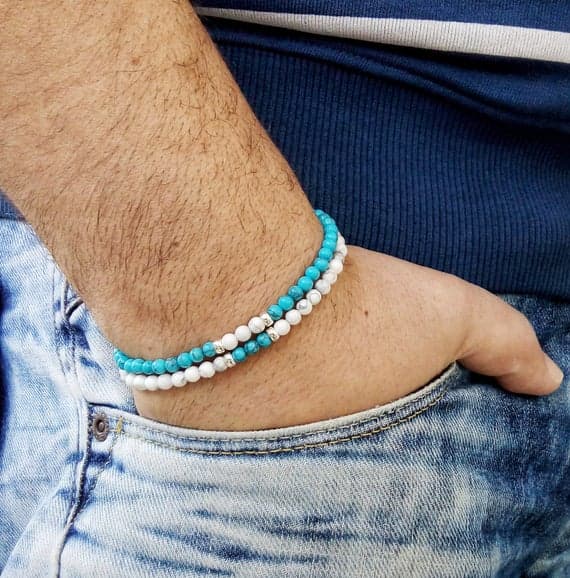 good luck gift 4mm Multi Colour HOWLITE TURQUOISE Stretchable Bracelet Round, Smooth 18cm for mens, womens, gf, bf and adults.