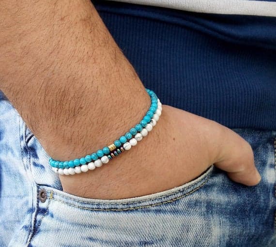 Artisan Loose Gold Helling 4mm Stretchable Blue & White HOWLITE TURQUOISE Bracelet Round, Smooth 7" for mens, womens.