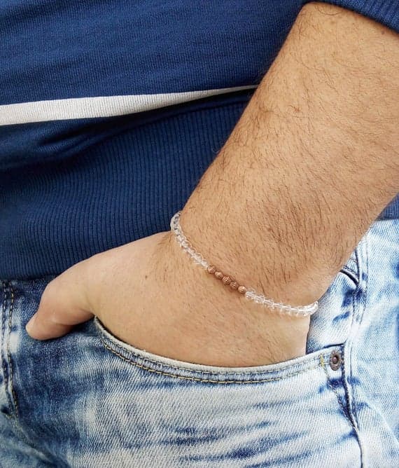 memorial gift 4mm White CLEAR QUARTZ COPPER Stretchable Bracelet Round, Smooth 18cm for mens, womens, gf, bf and adults.
