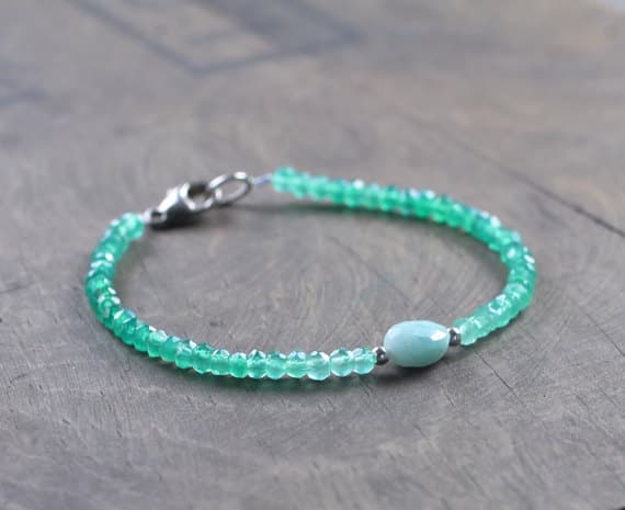 925 sterling silver good luck gift 3.5mm Green Green Onyx & Amazonite stacking Bracelet oval,round, Faceted 18cm for mens, womens, gf, bf and adults.