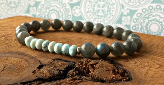 Rock Gift 6mm Stretchable Blue & Gray Labradorite & Larimar Bracelet Round & Rondelle, Smooth 7" for mens, womens, gf, bf & Adult.