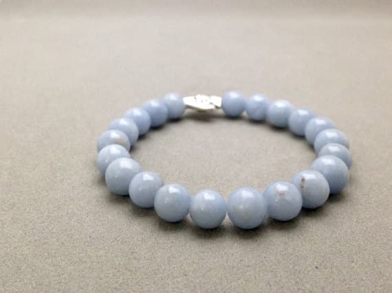 Angelite and Karen Hill Tribe Angel Fish Silver Stretch Bead Bracelet for Calming, Stress Relief, Peace & Improved Telepathic Communication 8mm  Code- WAR6191