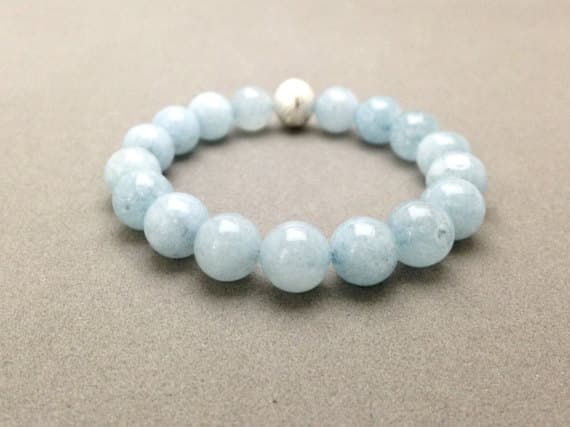 Aquamarine and Karen Hill Tribe Silver Stretch Bead Bracelet for Reducing Stress, Instilling Courage and Protection from Pollutants 10mm  Code- WAR6190