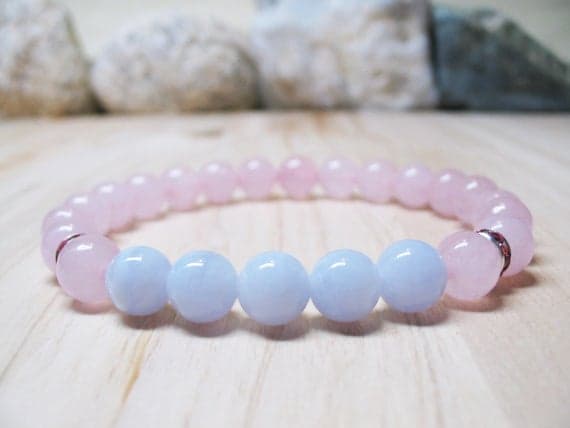 Empath Protection 8mm Stretchable pink & Blue Rose Quartz & Blue Lace Agate Bracelet Round, Smooth 7" for mens, womens, GF, BF, Adults.