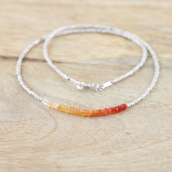 925 sterling Silver Jewelry Energy 3mm stacking Orange Mexican Fire Opal  Necklace Rondelle, Faceted 16" for mens, womens, gf, bf & Adult.