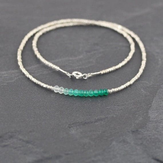 925 sterling Silver Bridesmaid Jewelry Silver Helling 3.5mm stacking Green Emerald Green Onyx Necklace Round, Faceted 16" for mens, womens, gf, bf & Adult.