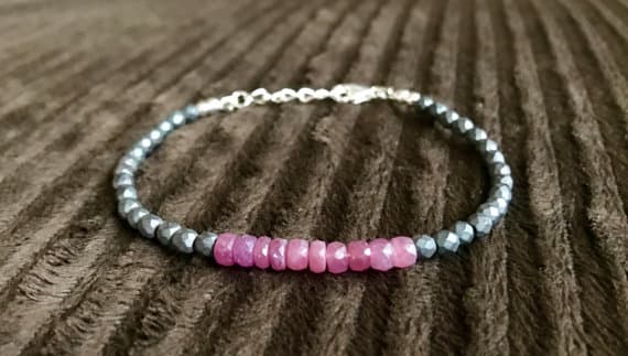 925 sterling Silver Jewelry Energy 4-5mm stacking Red Ruby and Matte Hematite Bracelet Rondelle, Faceted 7" for mens, womens, gf, bf & Adult.