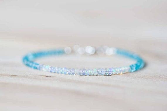 925 sterling silver Handmade Beaded 3-3.5mm Multi Colour Aqua Apatite & Ethiopian Opal  stacking Bracelet Rondelle , Smooth 18cm for mens, womens, gf, bf and adults.