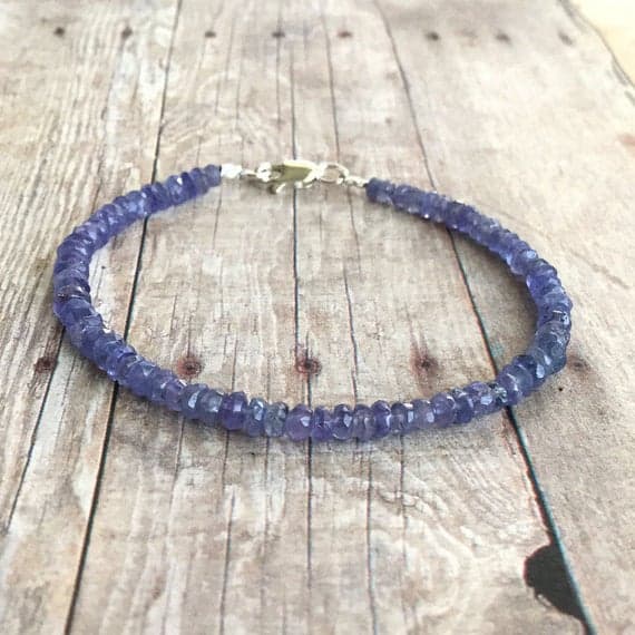 925 sterling silver Artisan Loose 4mm Blue Tanzanite stacking Bracelet Rondelle, Faceted 18cm for mens, womens, gf, bf and adults.