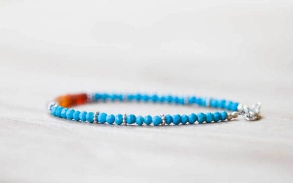 925 sterling silver Anxiety Relief Calming 3-3.5mm Multi Colour Turquoise & Mexican Fire Opal  stacking Bracelet Round, Faceted 18cm for mens, womens, gf, bf and adults.