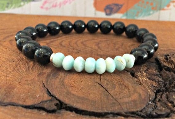 Artisan Loose 6-8mm Stretchable black & Blue Black Tourmaline & Larimar  Bracelet Round, Smooth 7" for mens, womens, gf, bf & Adult.