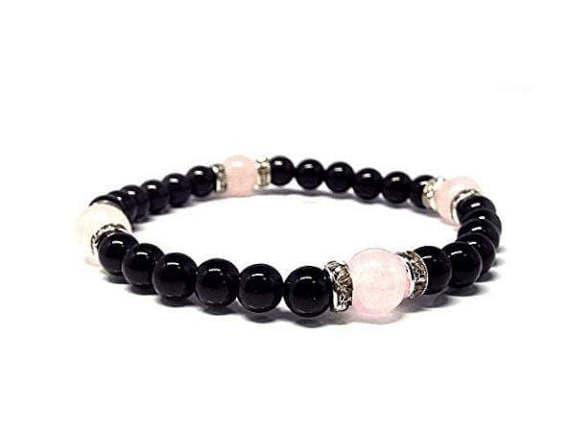 Handmade Beaded 8mm Multi Colour Rose Quartz &  Black Onyx  Stretchable Bracelet Round, Smooth 18cm for mens, womens, gf, bf and adults.